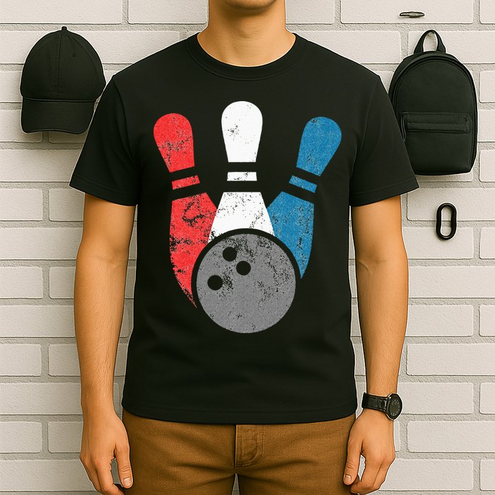 Distressed Bowling For Men Bowling Pins And Ball T-Shirt