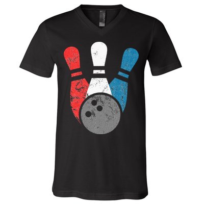 Distressed Bowling For Men Bowling Pins And Ball V-Neck T-Shirt