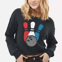 Distressed Bowling For Men Bowling Pins And Ball Cropped Pullover Crew