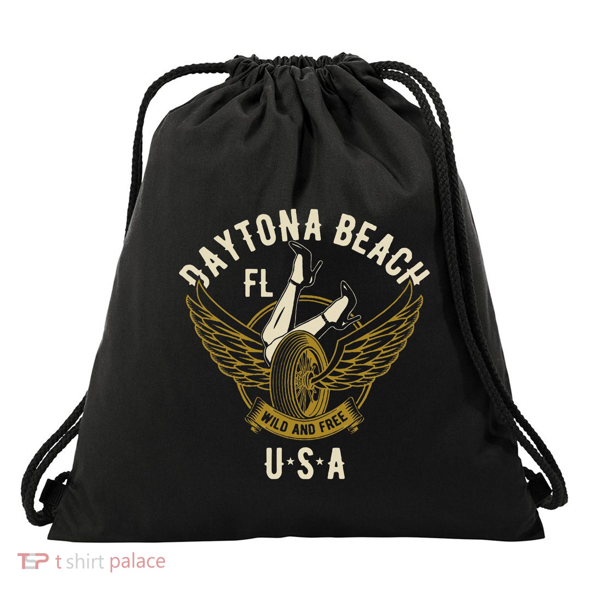 Daytona Beach Fl Legs In Heels Hotrod Biker Wings Design Drawstring Bag