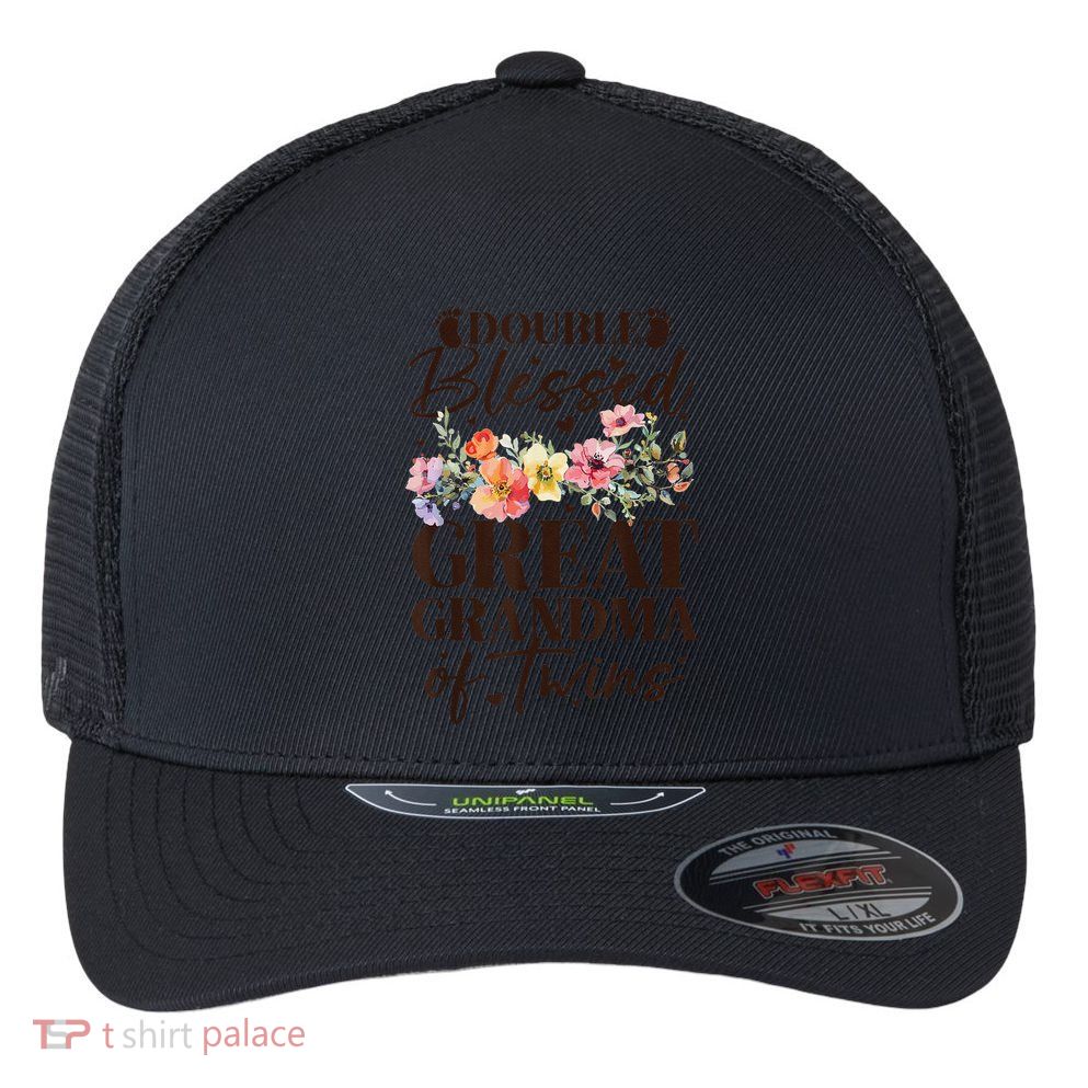 Double Blessed Great Grandma Of Twins Funny Twin Flexfit Unipanel Trucker Cap