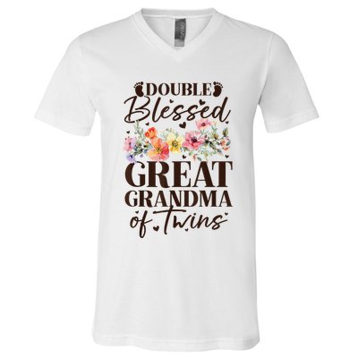 Double Blessed Great Grandma Of Twins Funny Twin V-Neck T-Shirt
