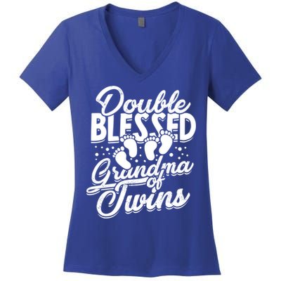 Double Blessed Grandma Of Twins Family Grandson Gift Women's V-Neck T-Shirt