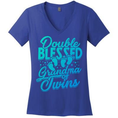 Double Blessed Grandma Of Twins Family Grandson Gift Women's V-Neck T-Shirt
