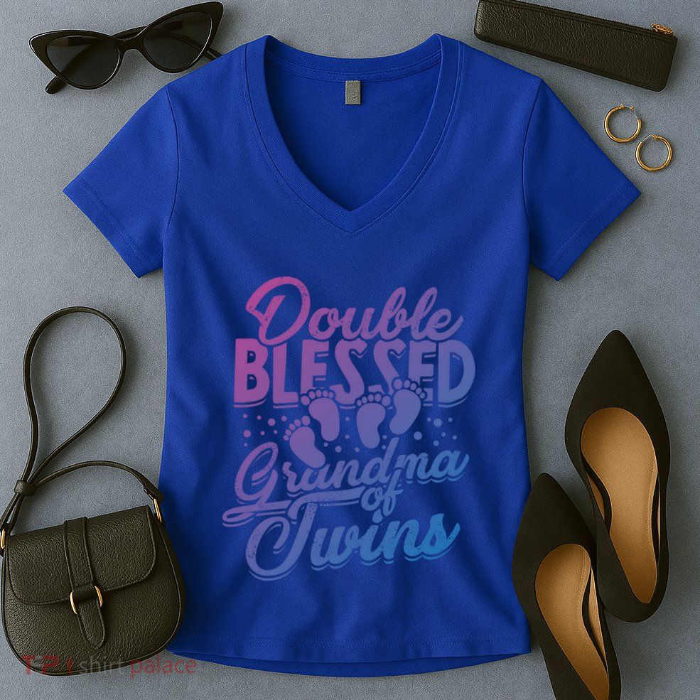 Double Blessed Grandma Of Twins Family Grandson Gift Women's V-Neck T-Shirt
