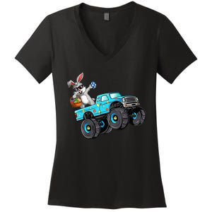 Dabbing Bunny Happy Easter Monster Truck Lovers Women's V-Neck T-Shirt