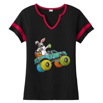 Dabbing Bunny Happy Easter Monster Truck Lovers Ladies Halftime Notch Neck Tee