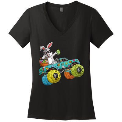 Dabbing Bunny Happy Easter Monster Truck Lovers Women's V-Neck T-Shirt