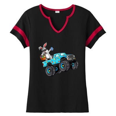 Dabbing Bunny Happy Easter Monster Truck Lovers Ladies Halftime Notch Neck Tee