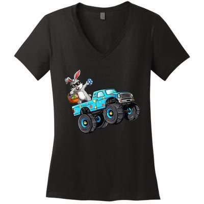 Dabbing Bunny Happy Easter Monster Truck Lovers Women's V-Neck T-Shirt