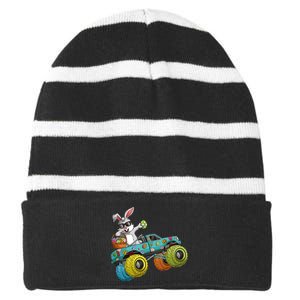 Dabbing Bunny Happy Easter Monster Truck Lovers Striped Beanie with Solid Band