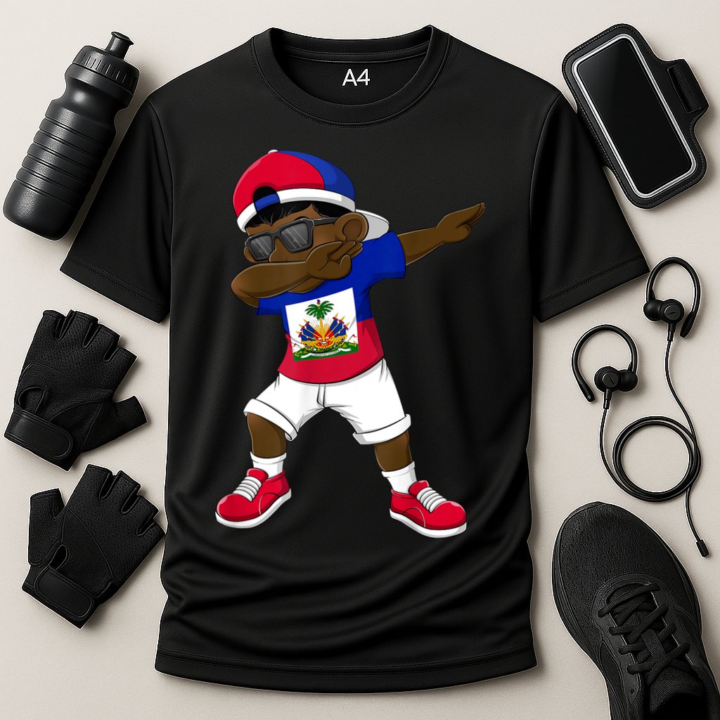 Dabbing Boy Haitian Haiti Flag Kid Dab Dance Cooling Performance Crew T-Shirt