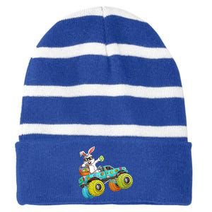 Dabbing Bunny Happy Easter Monster Truck Lovers Gift Striped Beanie with Solid Band