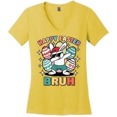 Dab Bunny Happy Easter Bruh Meme Women's V-Neck T-Shirt