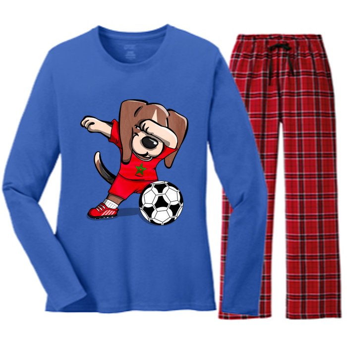 Dabbing Beagle Morocco Soccer Fans Jersey Moroccan Football Gift Women's Long Sleeve Flannel Pajama Set 