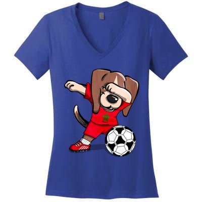 Dabbing Beagle Morocco Soccer Fans Jersey Moroccan Football Gift Women's V-Neck T-Shirt