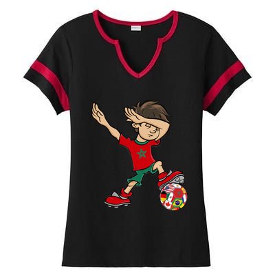 Dabbing Boy Morocco Soccer Jersey National Flag Ladies Halftime Notch Neck Tee