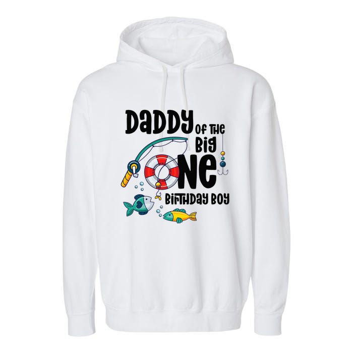 Daddy Big One 1-Year-Old  Fishing Birthday Garment-Dyed Fleece Hoodie