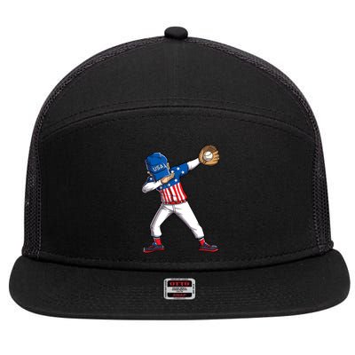 Dabbing Baseball Player 4th Of July USA American Flag Boy 7 Panel Mesh Trucker Snapback Hat