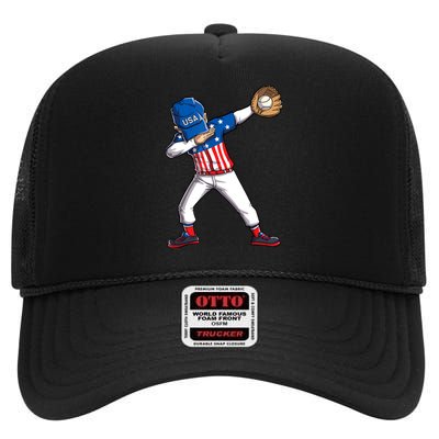 Dabbing Baseball Player 4th Of July USA American Flag Boy High Crown Mesh Back Trucker Hat