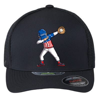 Dabbing Baseball Player 4th Of July USA American Flag Boy Flexfit Unipanel Trucker Cap