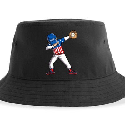 Dabbing Baseball Player 4th Of July USA American Flag Boy Sustainable Bucket Hat