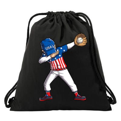 Dabbing Baseball Player 4th Of July USA American Flag Boy Drawstring Bag