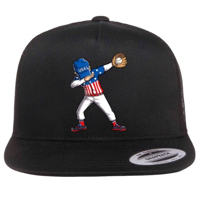 Dabbing Baseball Player 4th Of July USA American Flag Boy Flat Bill Trucker Hat