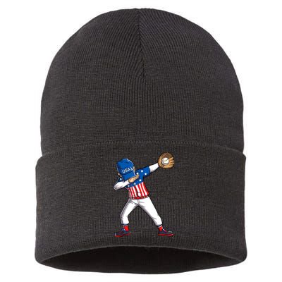 Dabbing Baseball Player 4th Of July USA American Flag Boy Sustainable Knit Beanie