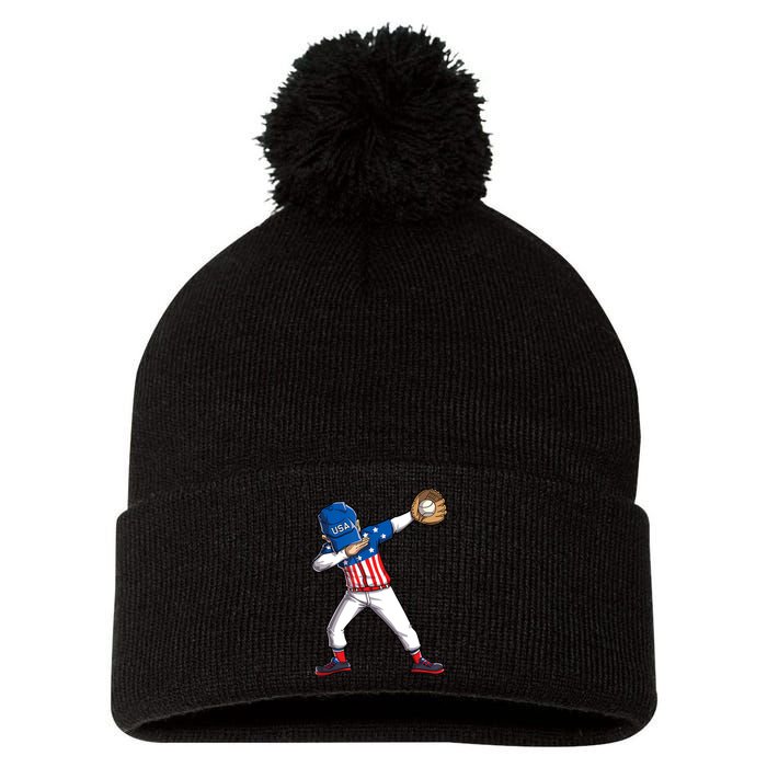 Dabbing Baseball Player 4th Of July USA American Flag Boy Pom Pom 12in Knit Beanie