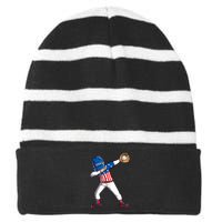 Dabbing Baseball Player 4th Of July USA American Flag Boy Striped Beanie with Solid Band