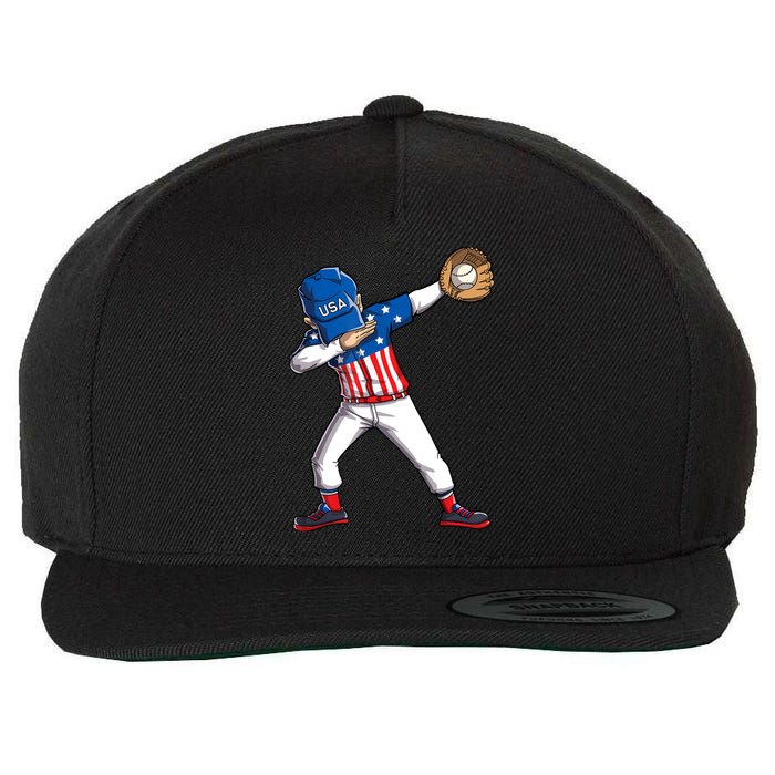 Dabbing Baseball Player 4th Of July USA American Flag Boy Wool Snapback Cap