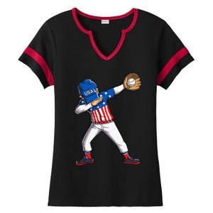 Dabbing Baseball Player 4th Of July USA American Flag Ladies Halftime Notch Neck Tee