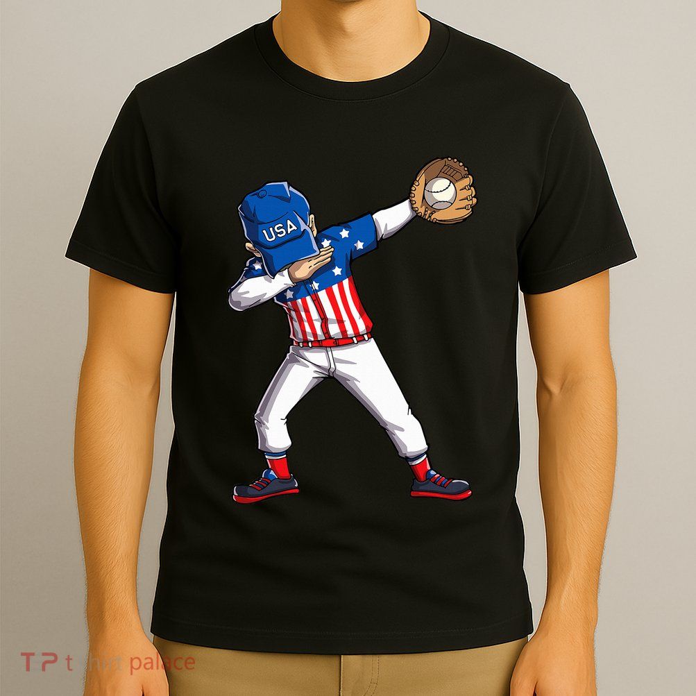 Dabbing Baseball Player 4th Of July Usa American Flag T-Shirt