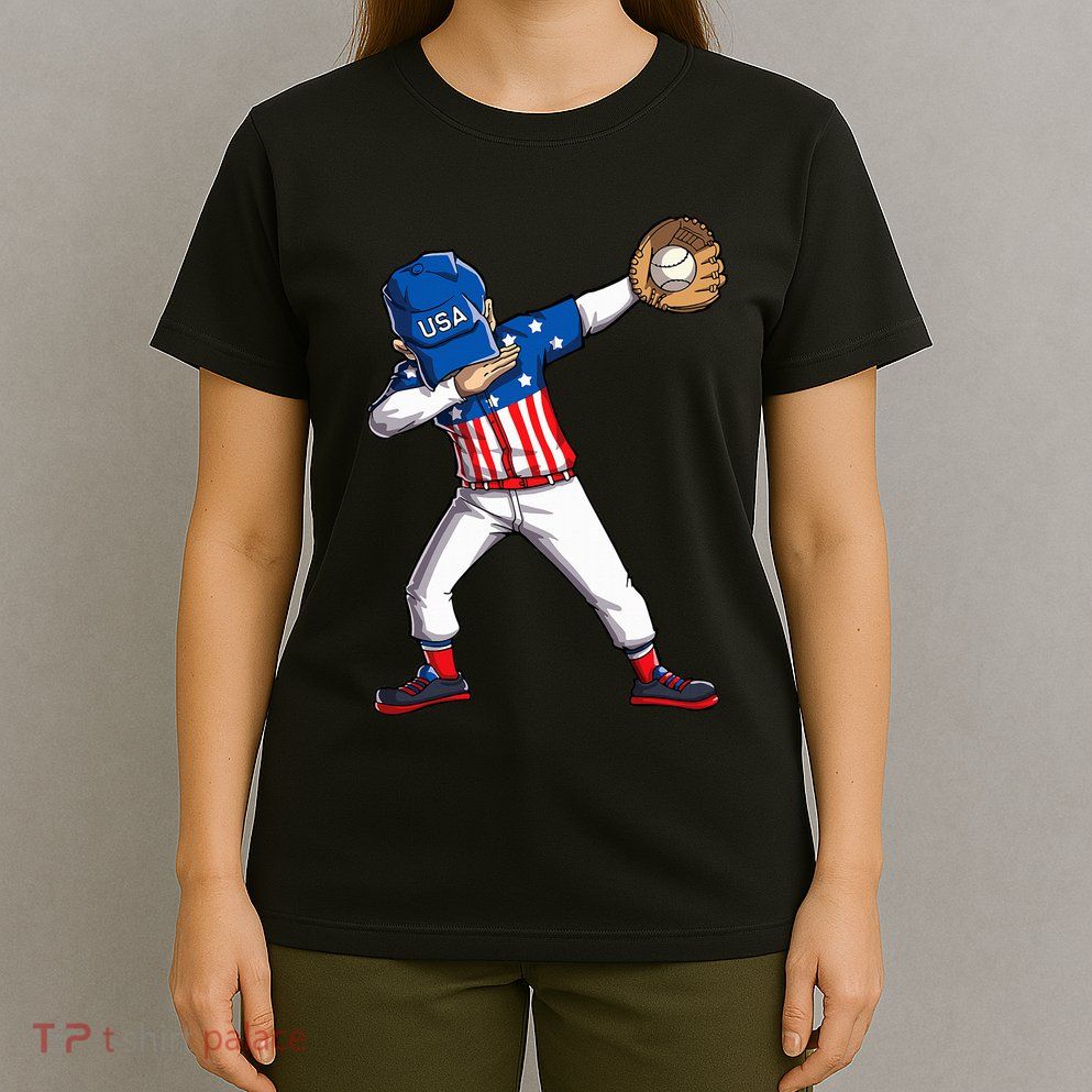 Dabbing Baseball Player 4th Of July Usa American Flag T-Shirt