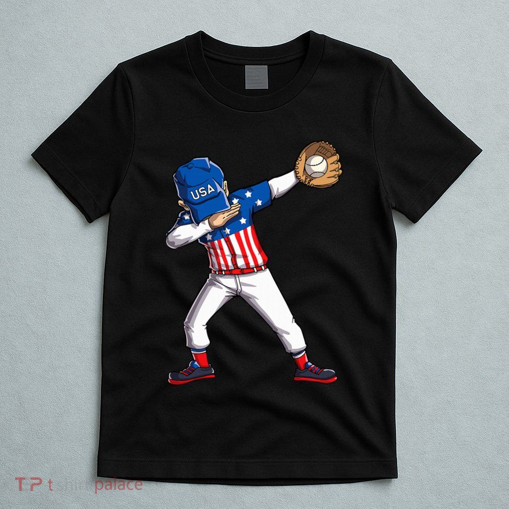 Dabbing Baseball Player 4th Of July Usa American Flag T-Shirt