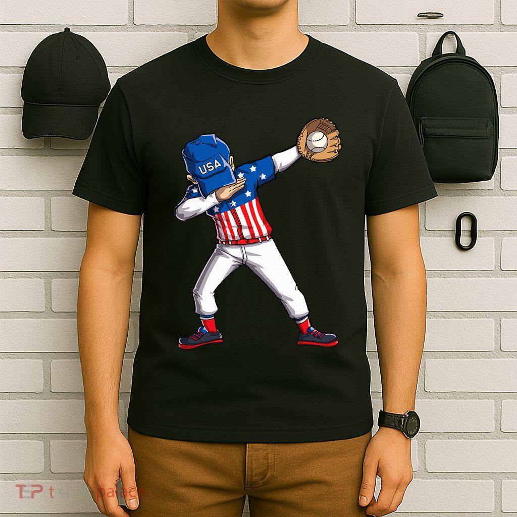 Dabbing Baseball Player 4th Of July Usa American Flag T-Shirt