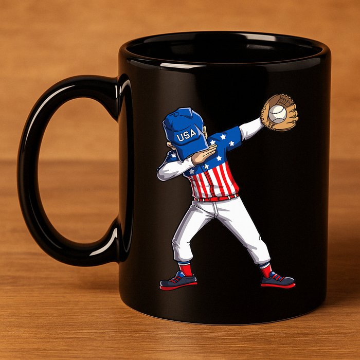 Dabbing Baseball Player 4th Of July Usa American Flag 11oz C Handle Ceramic Mug