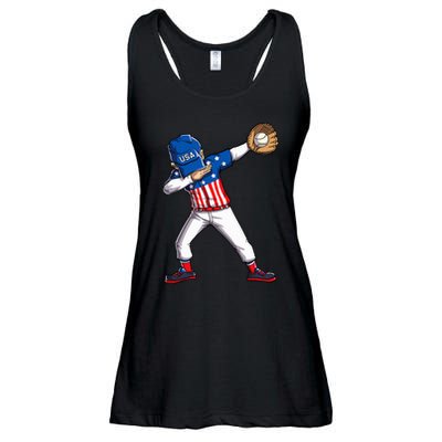 Dabbing Baseball Player 4th Of July Usa American Flag Ladies Essential Flowy Tank