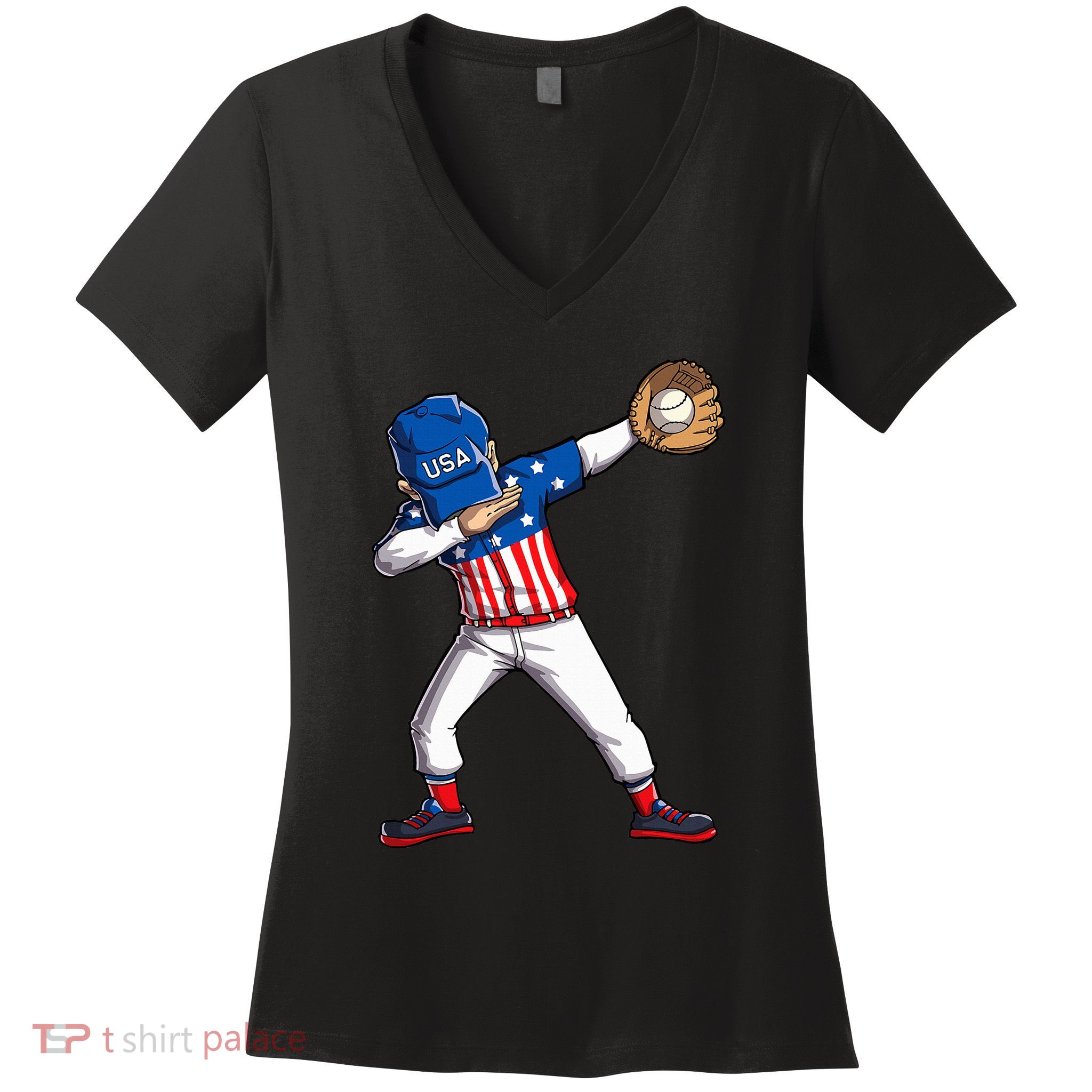 Dabbing Baseball Player 4th Of July Usa American Flag Women's V-Neck T-Shirt