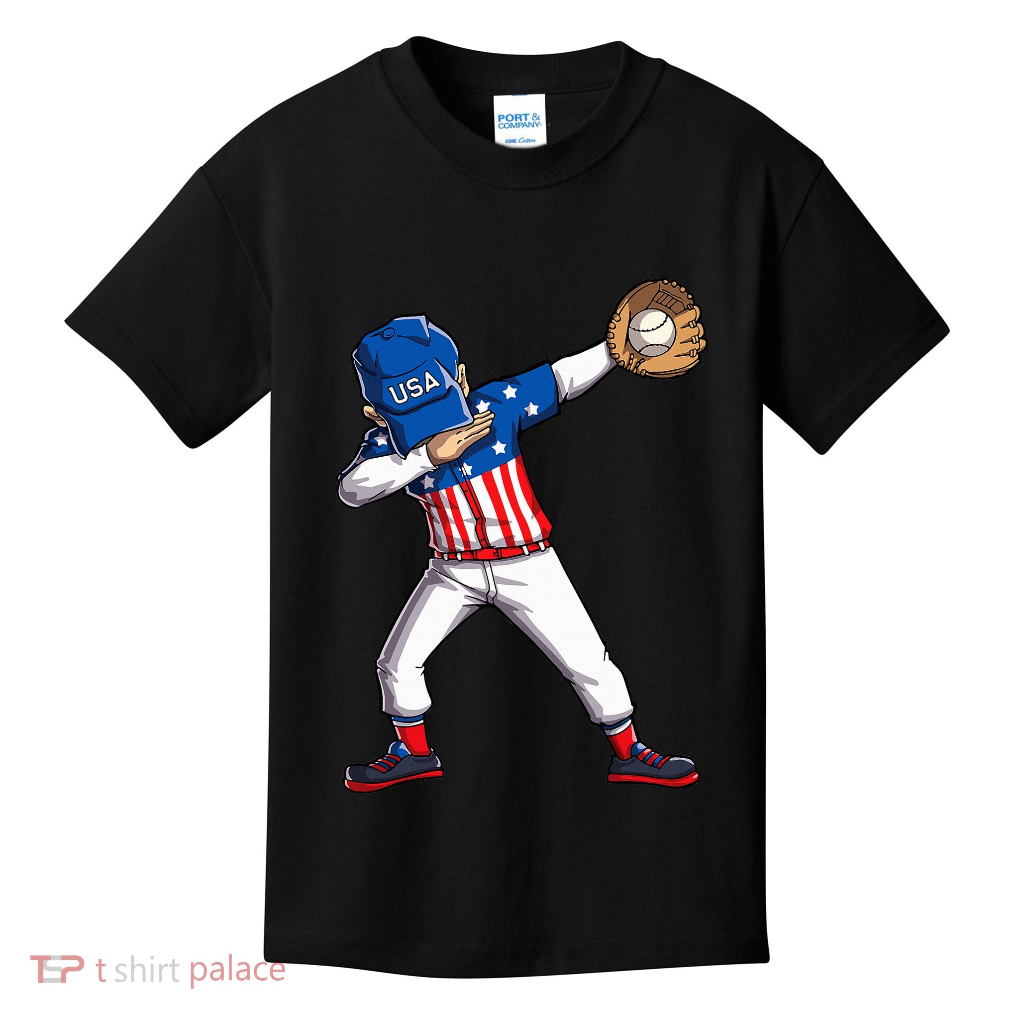 Dabbing Baseball Player 4th Of July Usa American Flag Kids T-Shirt