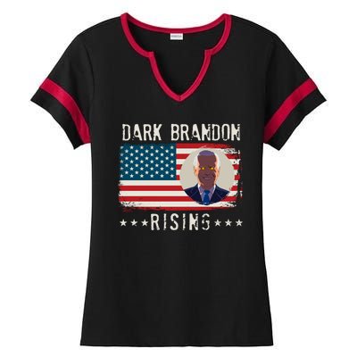 Dark Brandon Rising Anti Joe Biden Distressed USA American Flag Ladies Halftime Notch Neck Tee