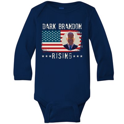 Dark Brandon Rising Anti Joe Biden Distressed USA American Flag Baby Long Sleeve Bodysuit