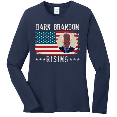 Dark Brandon Rising Anti Joe Biden Distressed USA American Flag Ladies Long Sleeve Shirt