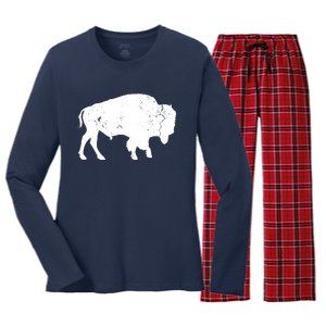 Distressed Buffalo Retro Bison Animal Lover Men Women Dad Women's Long Sleeve Flannel Pajama Set 