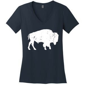 Distressed Buffalo Retro Bison Animal Lover Men Women Dad Women's V-Neck T-Shirt