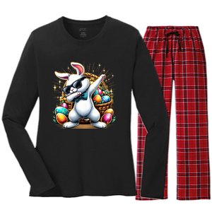 Dabbing Bunny Rabbit Easter Egg Hunting Women's Long Sleeve Flannel Pajama Set 