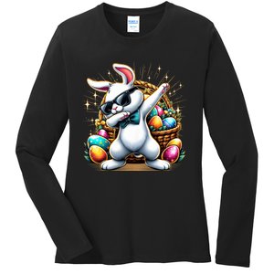 Dabbing Bunny Rabbit Easter Egg Hunting Ladies Long Sleeve Shirt