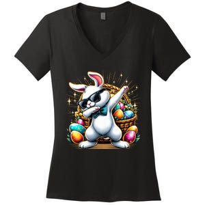 Dabbing Bunny Rabbit Easter Egg Hunting Women's V-Neck T-Shirt