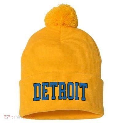 Detroit Blue Retro Vintage Distressed Arched Text Pom Pom 12in Knit Beanie